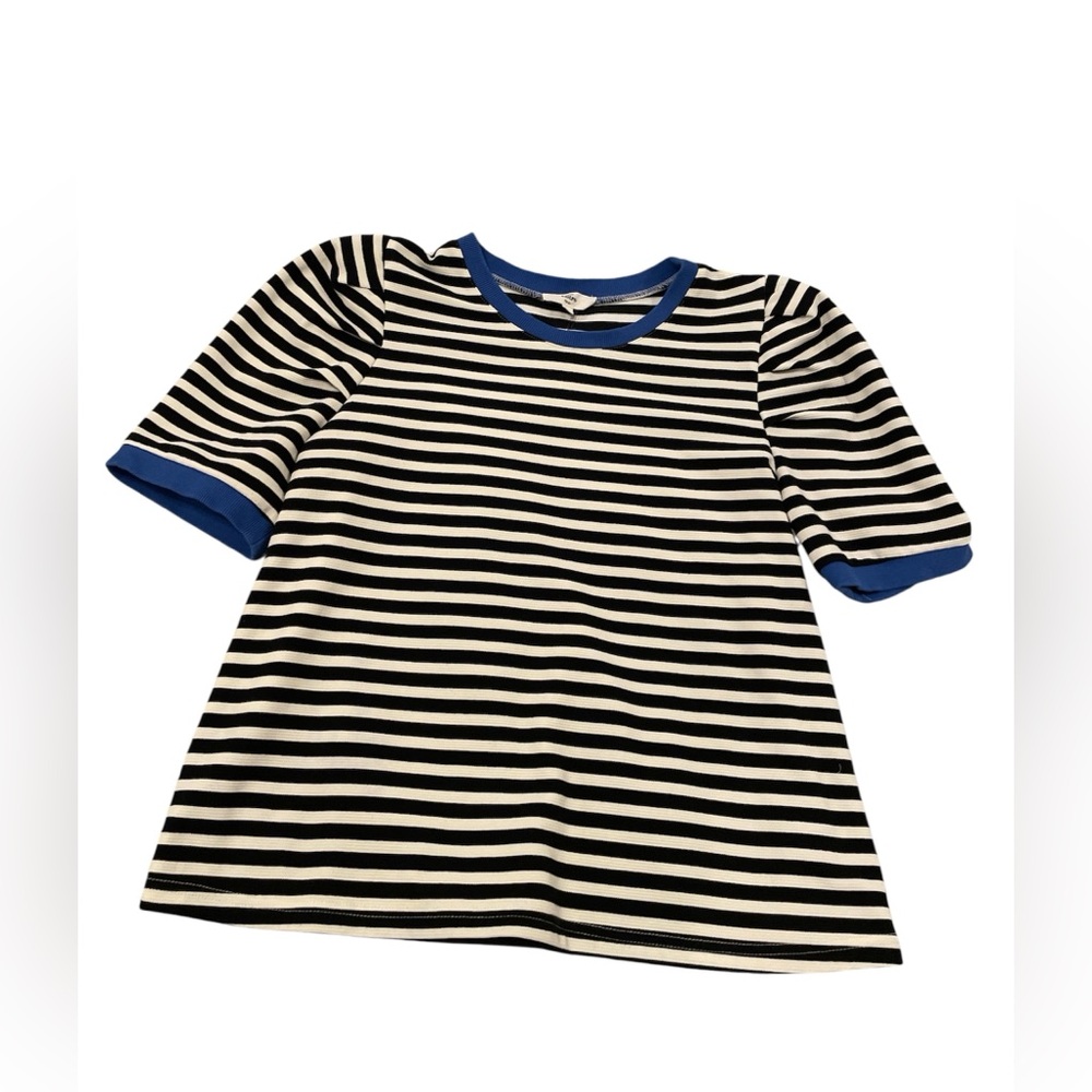 Entro Black and White Striped Tee with Blue Accents